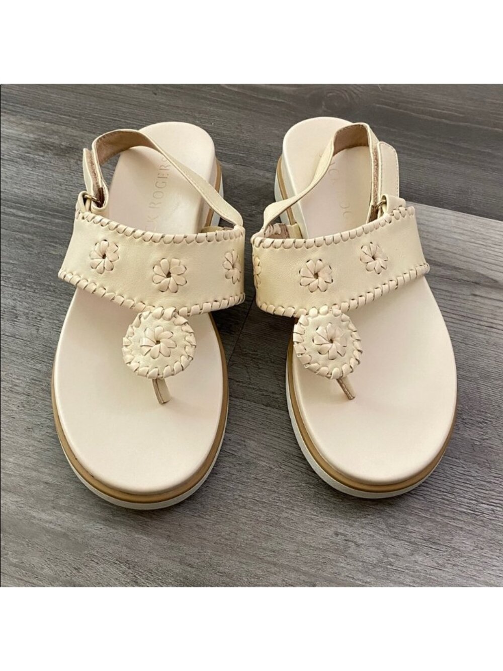 Jack Rogers Leather T Strap Sandals Ankle Strap Closure Cream Flower 6.5 B